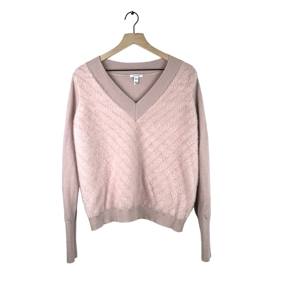 Stella & Dot Sweater Womens Large Long Sleeve Fuzzy Chevron Pullover Pink